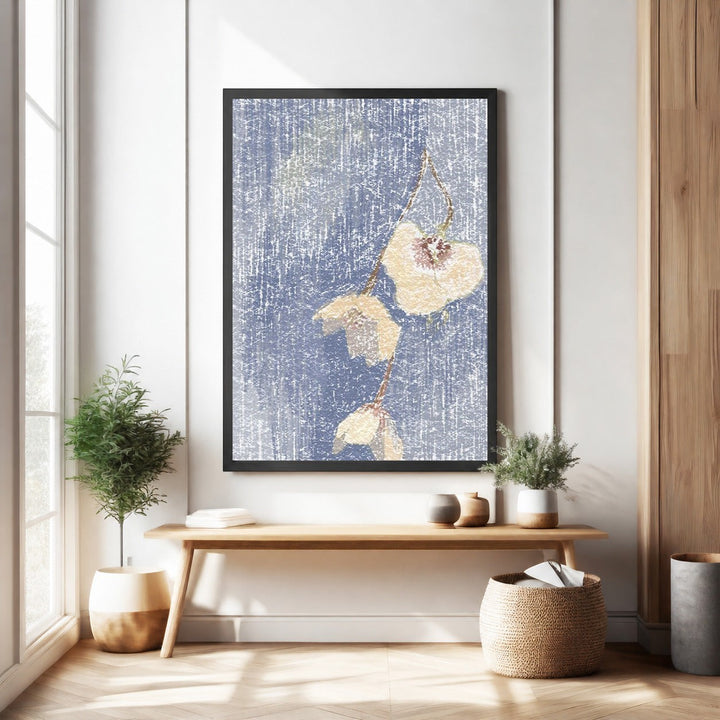 Wadi Home Botanical Branch Wall Art with pale blossoms on a textured blue background, abstract painterly style.