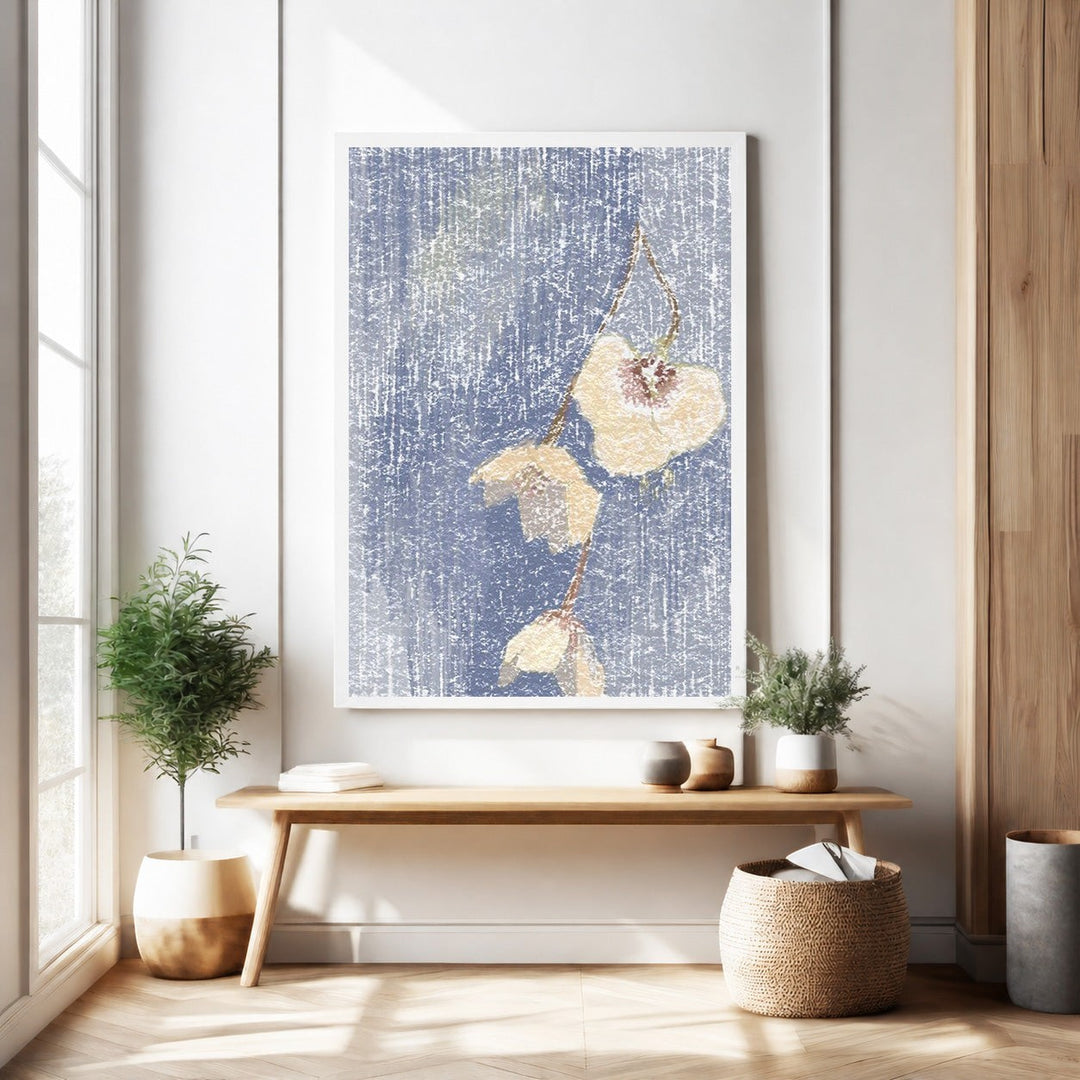 Wadi Home Botanical Branch Wall Art featuring pale blossoms on a textured blue background, abstract painterly style.
