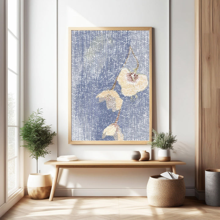 Wadi Home Botanical Branch Wall Art with pale blossoms on a textured blue background, abstract painterly style.