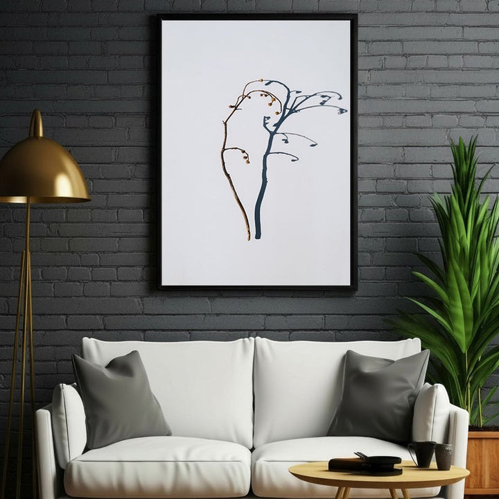 Wadi Home minimalist botanical branch wall art in brown and deep blue on white background.