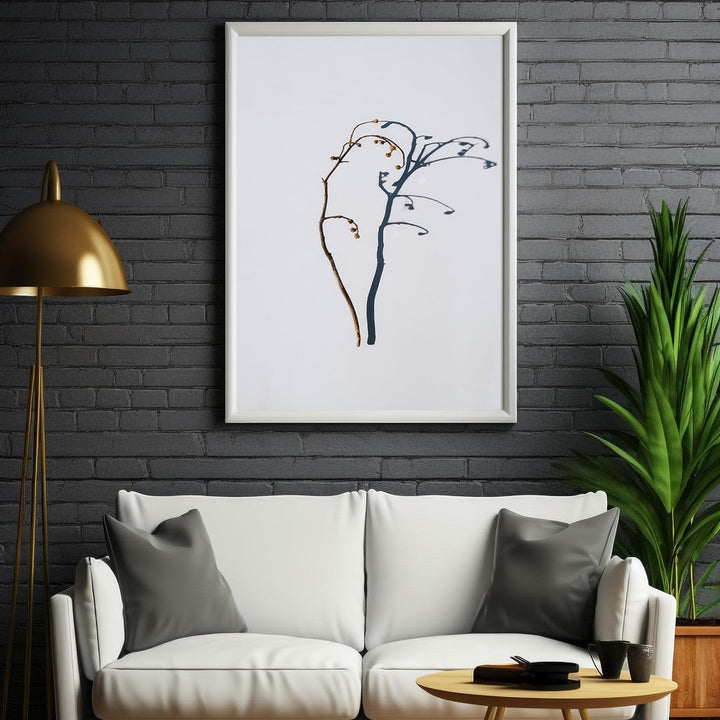 Wadi Home minimalist botanical branch wall art in brown and deep blue on white background. Modern abstract nature decor.