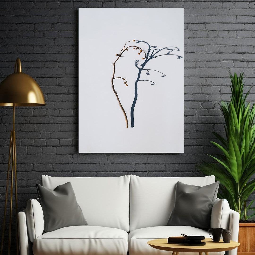 Wadi Home minimalist botanical branch wall art in brown and deep blue on white background, modern Scandinavian decor.