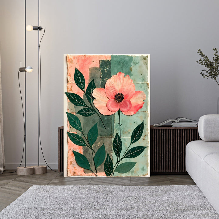 Wadi Home Botanical Floral Art Print featuring a pink poppy with green leaves on a textured coral and teal abstract background.