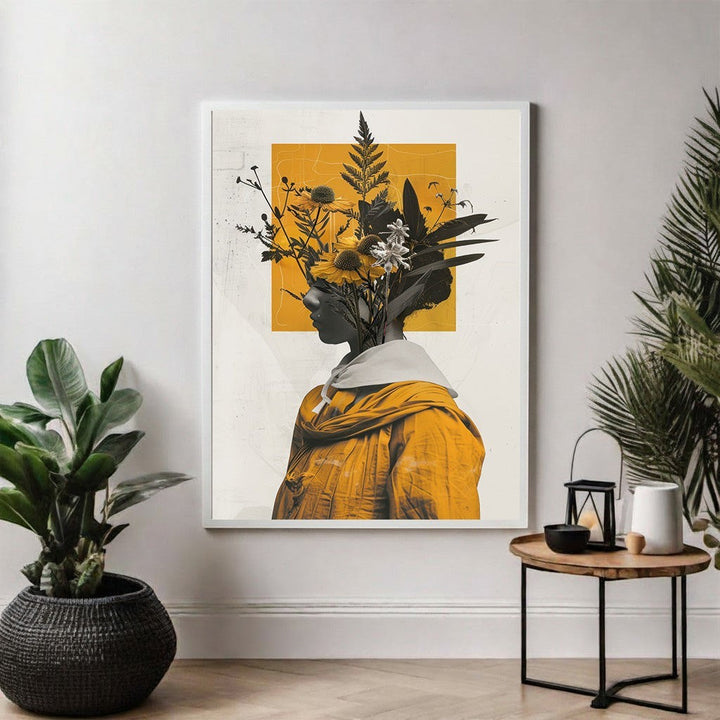 Wadi Home Botanical Head Portrait Wall Art featuring a profile silhouette adorned with yellow wildflowers and greenery.