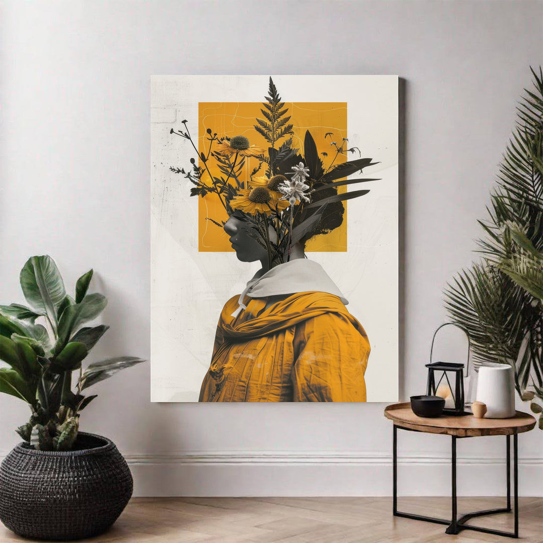 Wadi Home Botanical Head Portrait Wall Art featuring a profile silhouette adorned with yellow wildflowers and greenery.