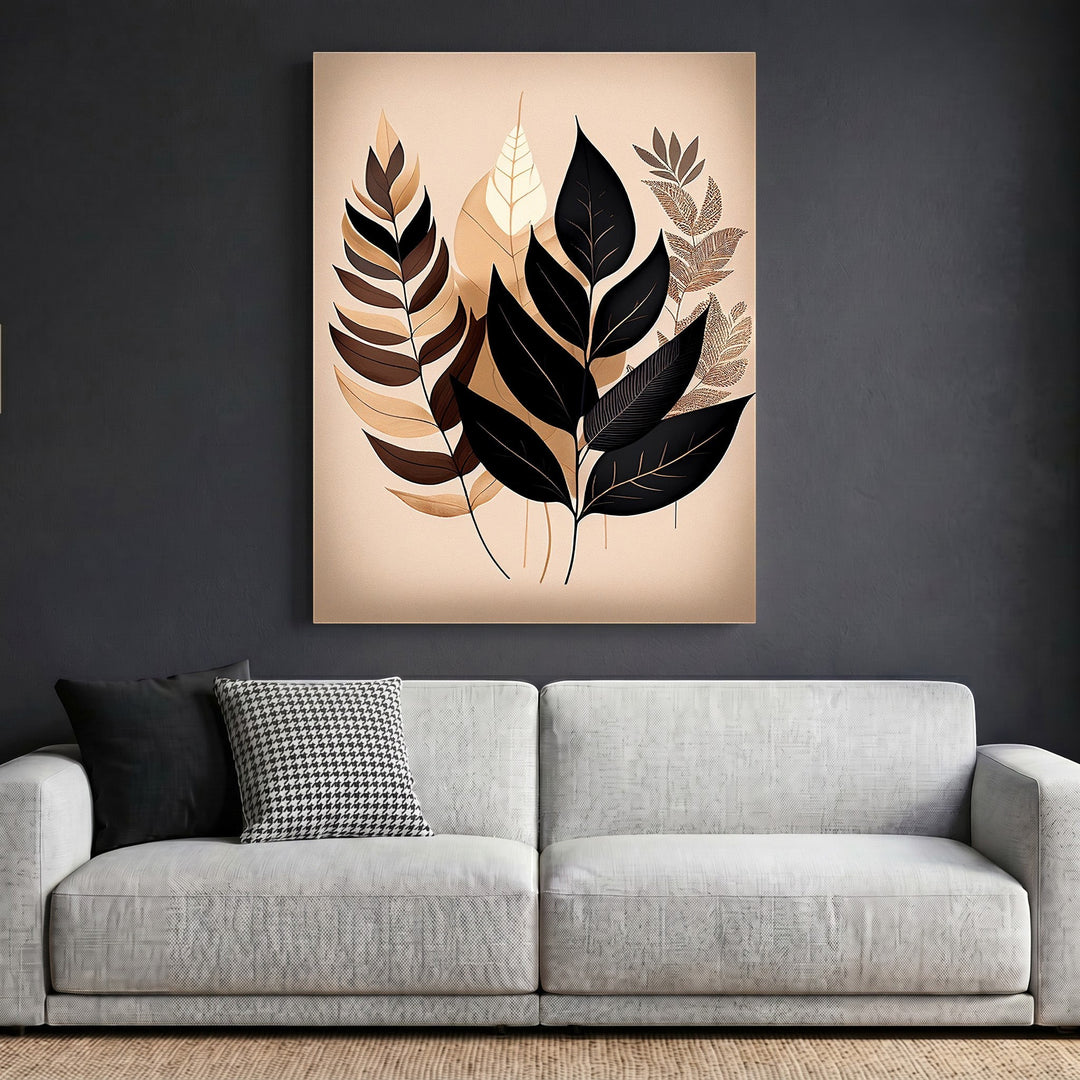 Wadi Home botanical leaf illustration wall art in black, mocha, and cream, displayed above a modern grey sofa.