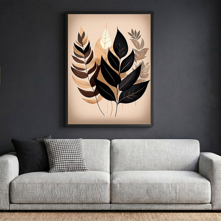Wadi Home botanical leaf illustration wall art in black, mocha, and cream, displayed in a modern living room.
