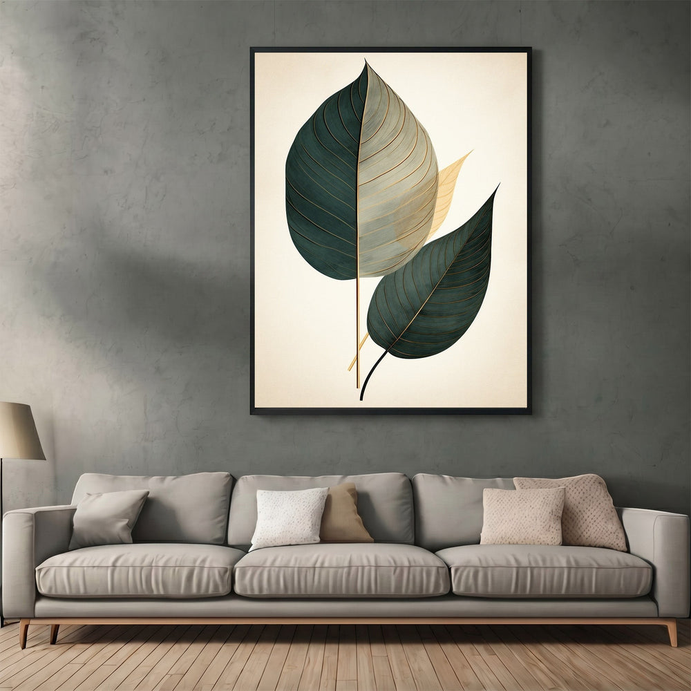 Wadi Home botanical leaf wall art print with teal and gold leaves on a cream background, displayed above a grey sofa.