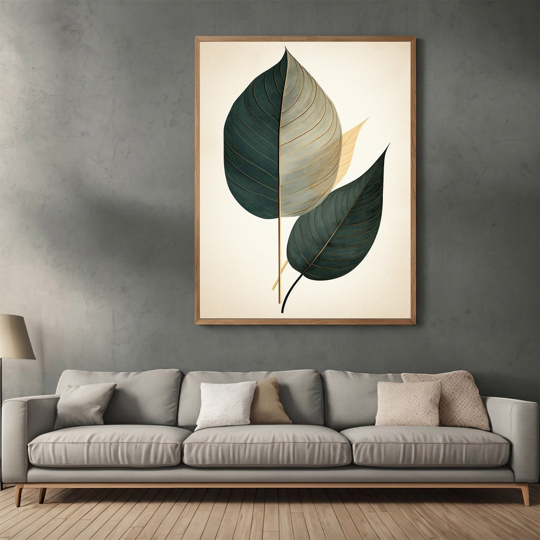 Wadi Home botanical leaf wall art print with teal and gold leaves on a cream background, framed in a modern living room