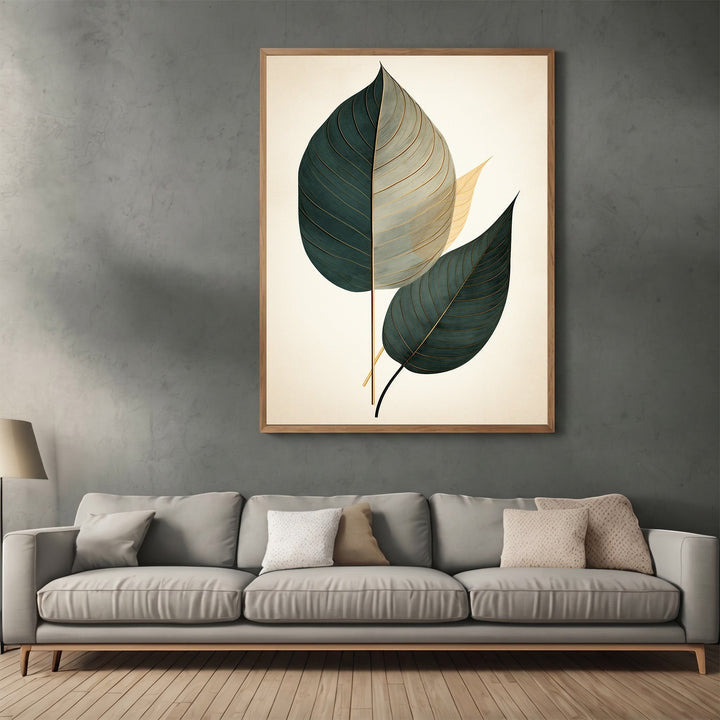 Wadi Home botanical leaf wall art print with teal and gold leaves on a cream background, framed in a modern living room