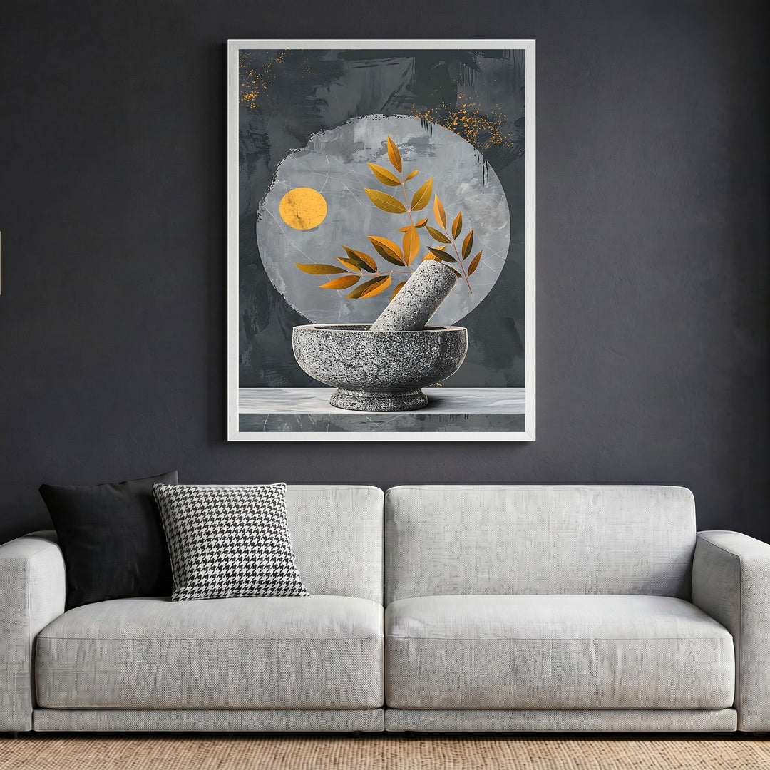 Wadi Home abstract botanical mortar and pestle wall art print with gold accents in a white frame above a sofa.