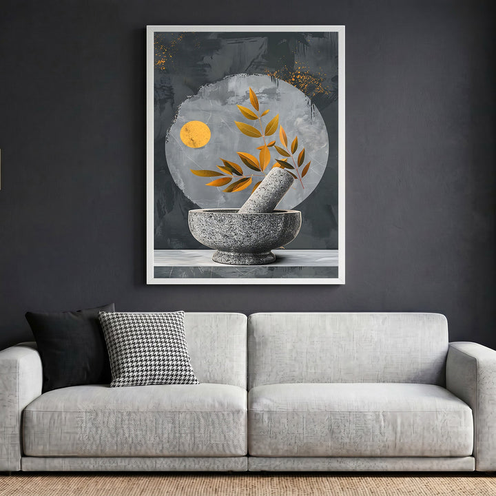 Wadi Home abstract botanical mortar and pestle wall art print with gold accents in a white frame above a sofa.