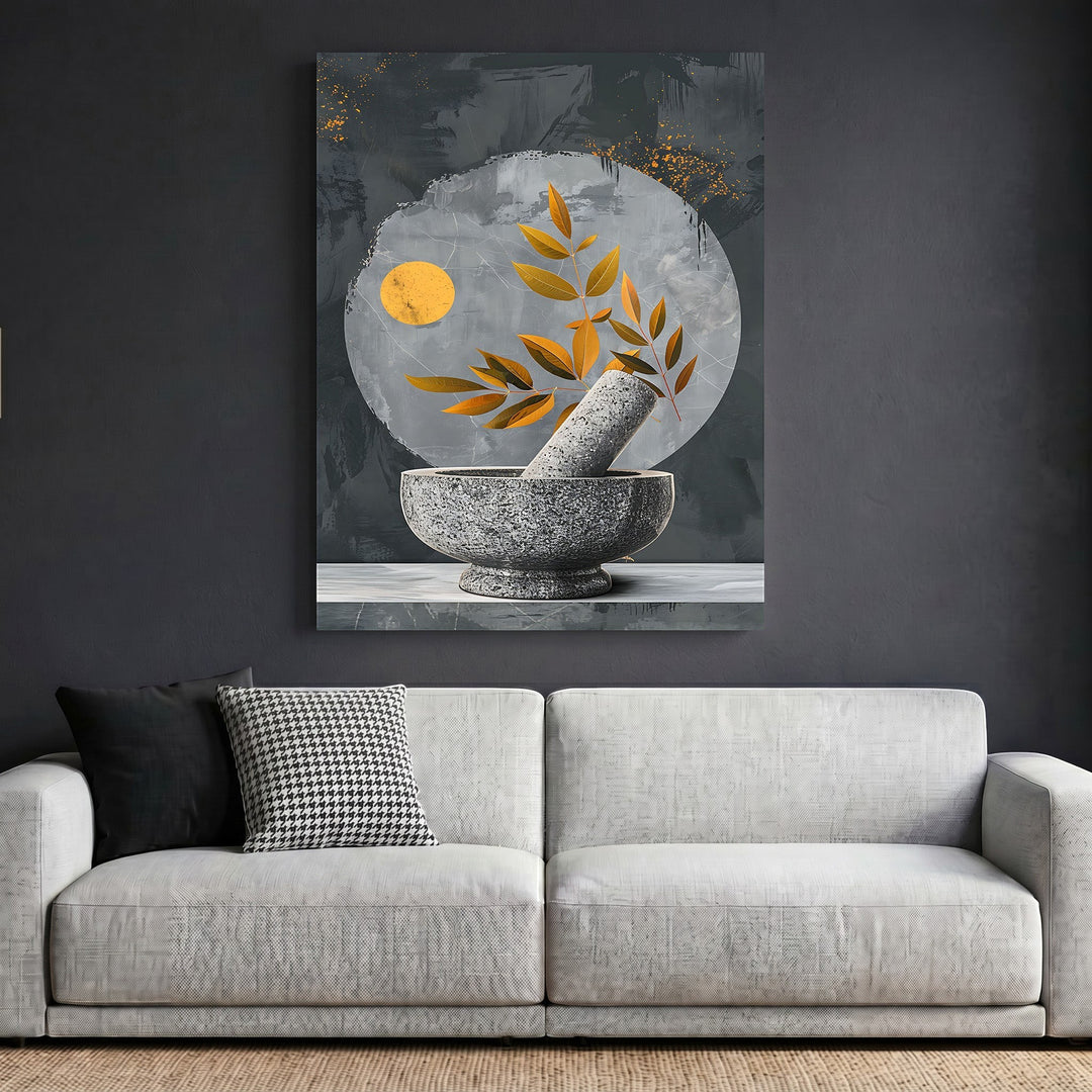 Wadi Home abstract botanical mortar and pestle wall art print with gold accents hanging above a modern grey sofa.