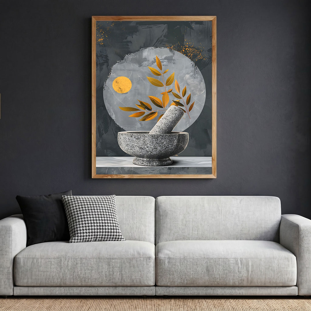 Wadi Home abstract botanical mortar and pestle wall art print with gold accents in a wooden frame above a grey sofa.