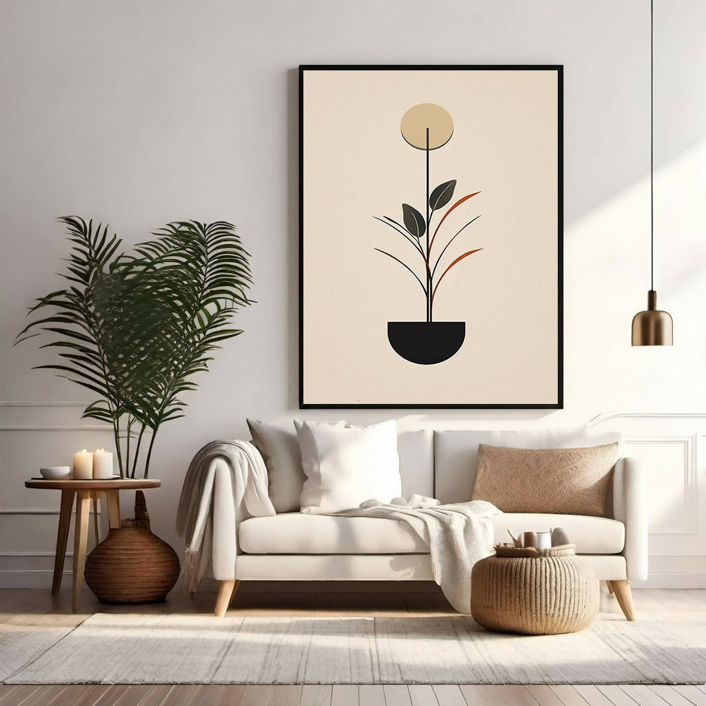Wadi Home minimalist botanical plant artwork with beige background, black pot, and tan circle.