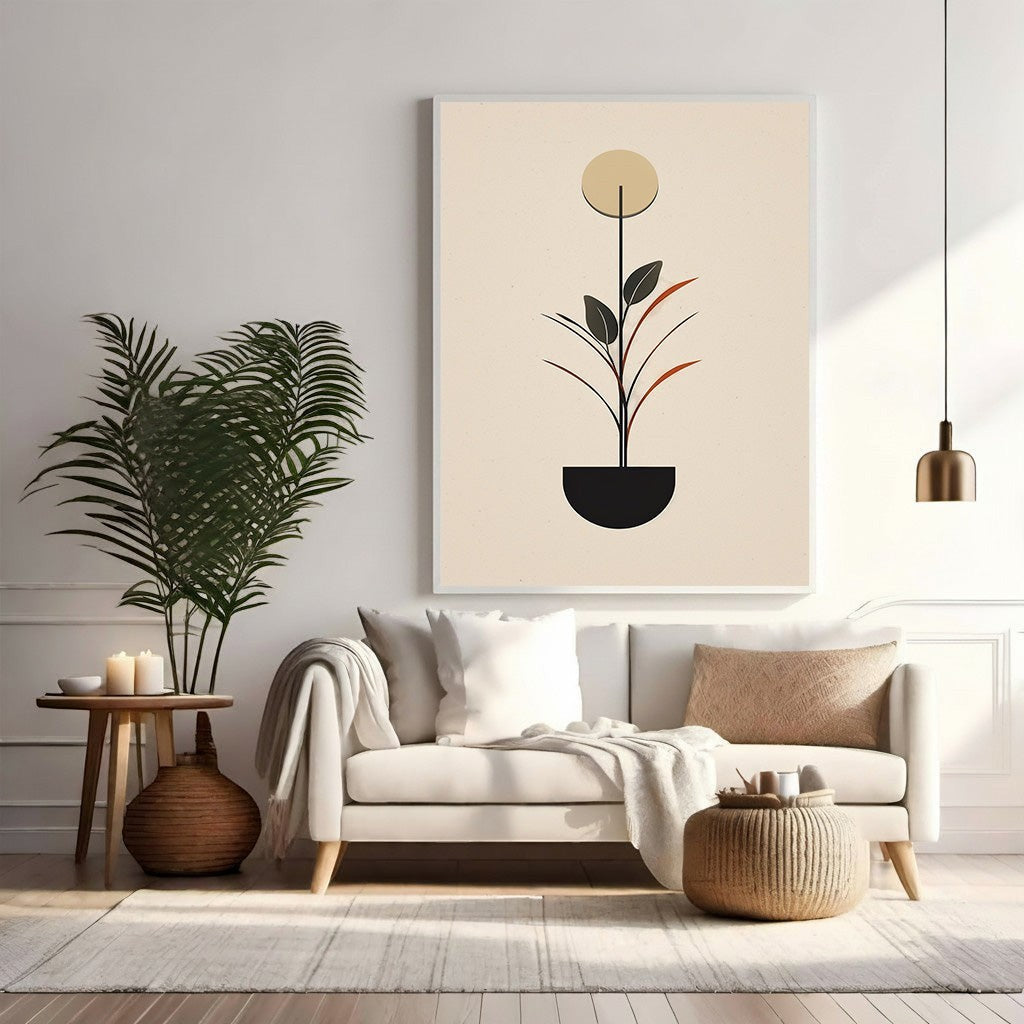 Wadi Home minimalist botanical plant artwork with beige background, black pot, and subtle orange accents.