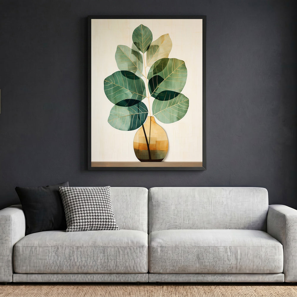 Wadi Home botanical plant wall art print in a black frame hanging above a modern sofa in a minimalist living room.