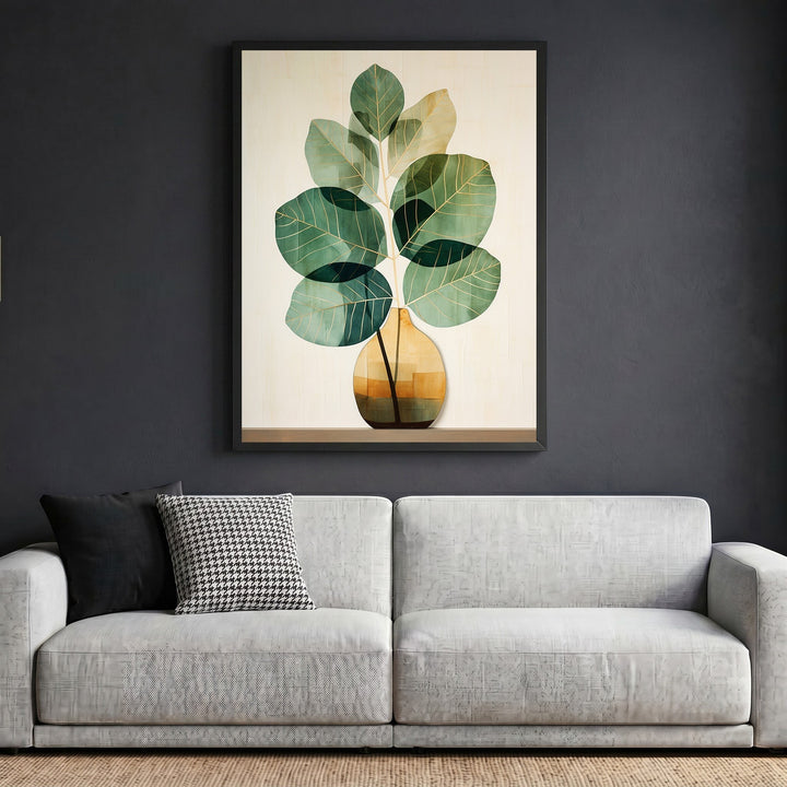 Wadi Home botanical plant wall art print in a black frame hanging above a modern sofa in a minimalist living room.