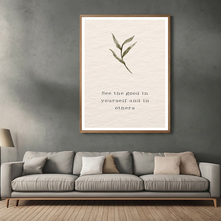 Wadi Home minimalist botanical wall art print with a quote on a textured cream background in a modern living room.