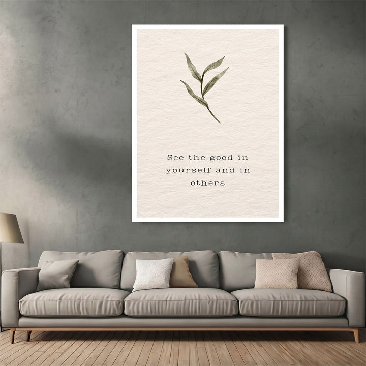 Wadi Home minimalist botanical wall art print with a green sprig and quote on a textured cream background.