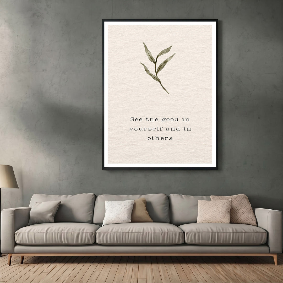Wadi Home minimalist botanical wall art print with a quote on a textured cream background in a black frame.