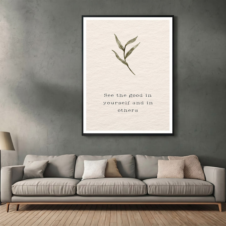 Wadi Home minimalist botanical wall art print with a quote on a textured cream background in a black frame.