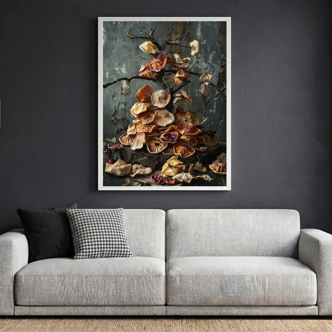 Wadi Home framed botanical still life wall art featuring dried flowers in earthy tones above a modern grey sofa.
