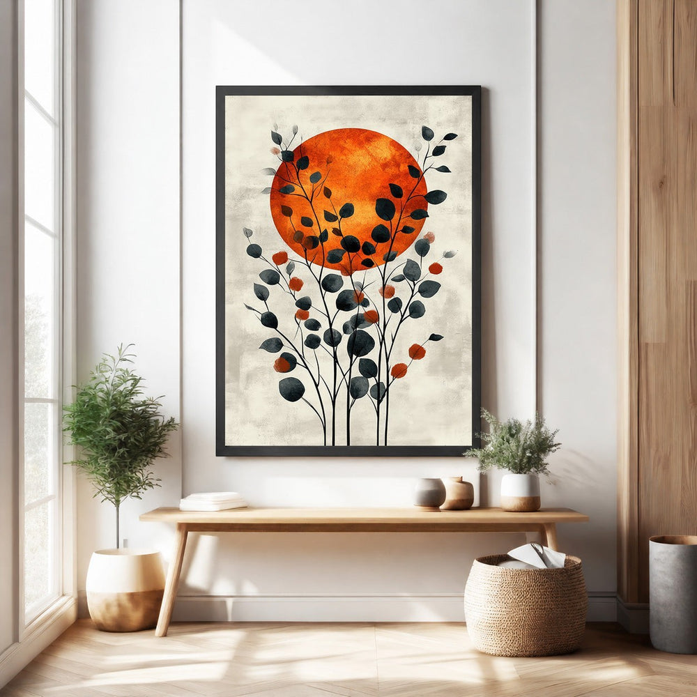 Wadi Home abstract botanical sunburst wall art with orange sun and dark blue leaves.