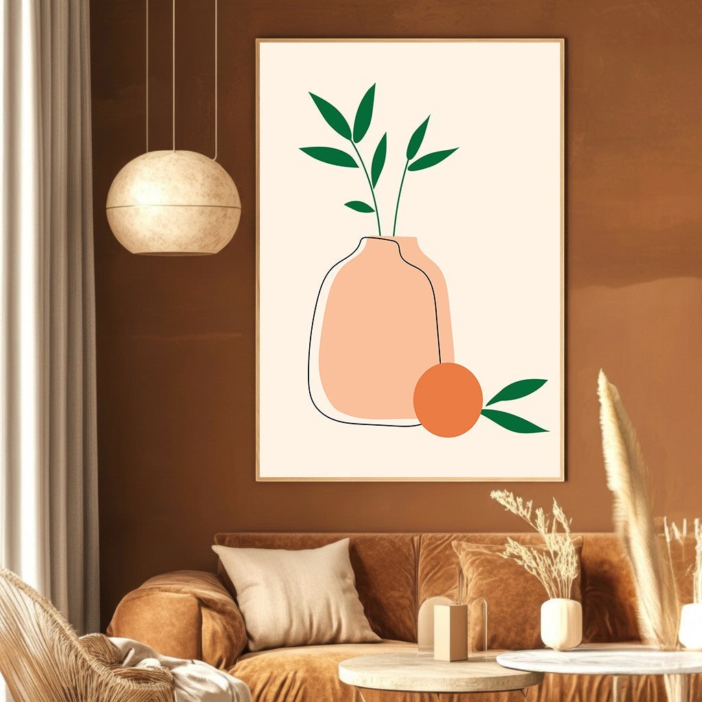 Wadi Home minimalist botanical vase wall art print with peach vase and green foliage in a modern living room
