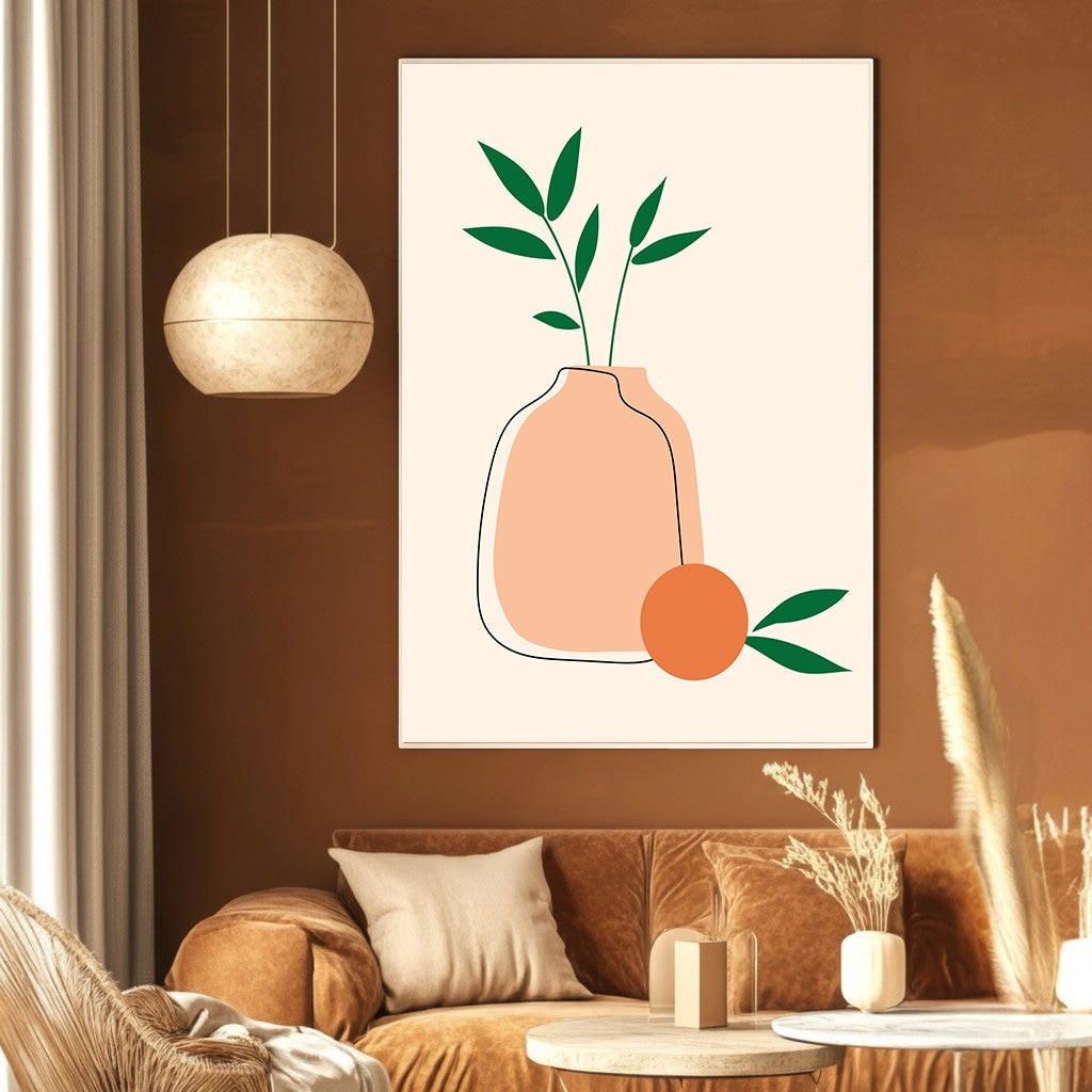 Wadi Home minimalist botanical vase wall art print with peach vase, green leaves, and citrus on a brown wall.