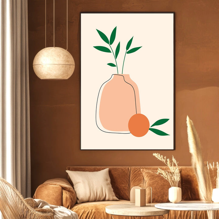 Wadi Home minimalist botanical vase wall art print with peach vase and green foliage in a modern living room