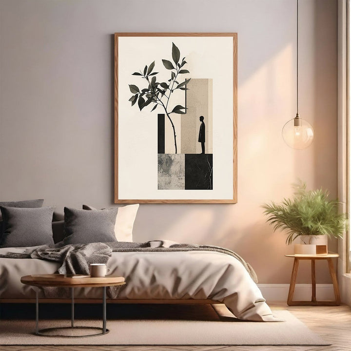Wadi Home minimalist botanical wall art featuring a dark branch against abstract geometric shapes and a silhouette of a person.