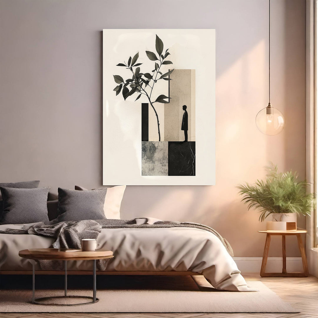 Wadi Home minimalist botanical wall art with a dark branch, abstract shapes, and a silhouette of a person.