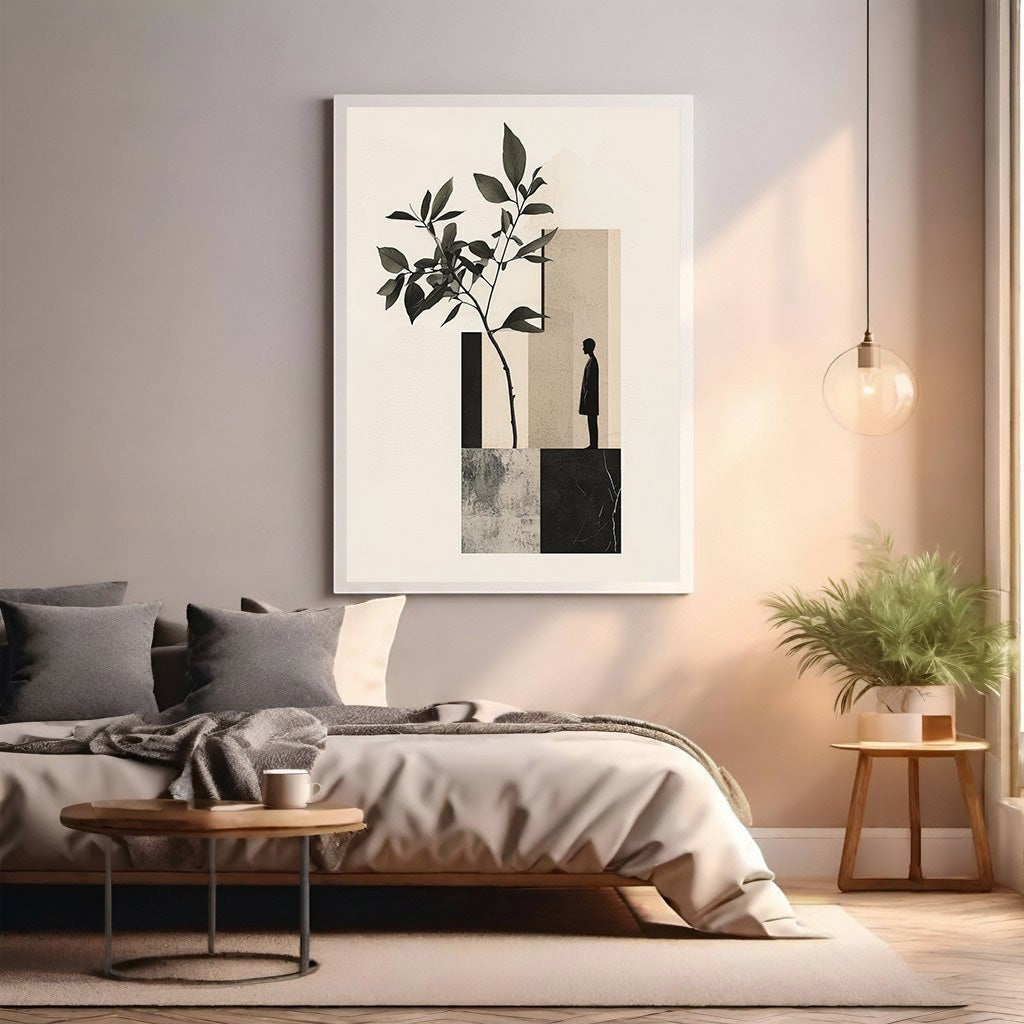 Wadi Home minimalist botanical wall art with a delicate branch and abstract geometric shapes in neutral tones.