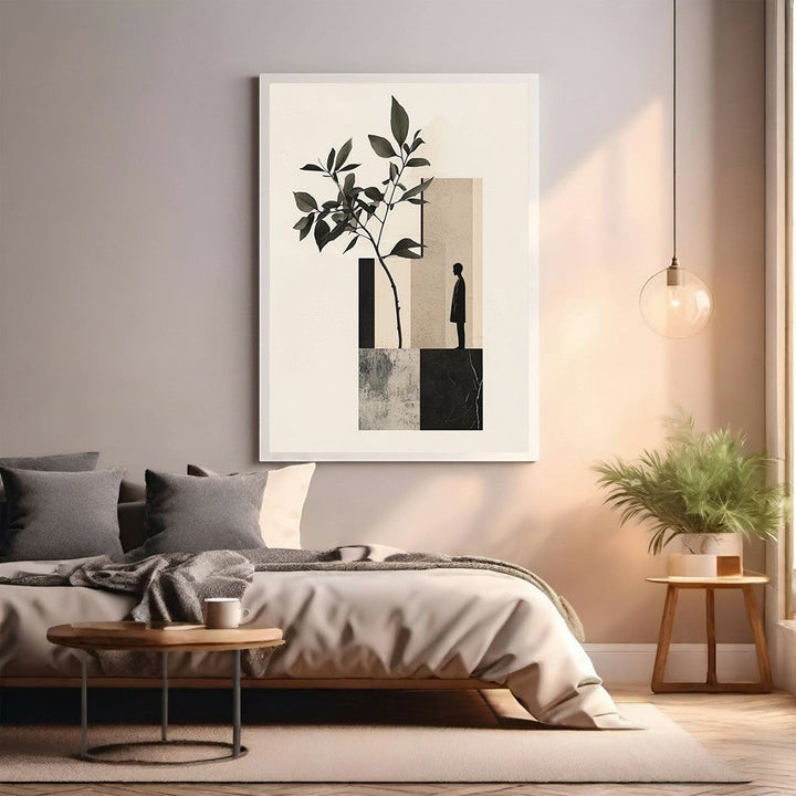 Wadi Home minimalist botanical wall art with a delicate branch and abstract geometric shapes in neutral tones.