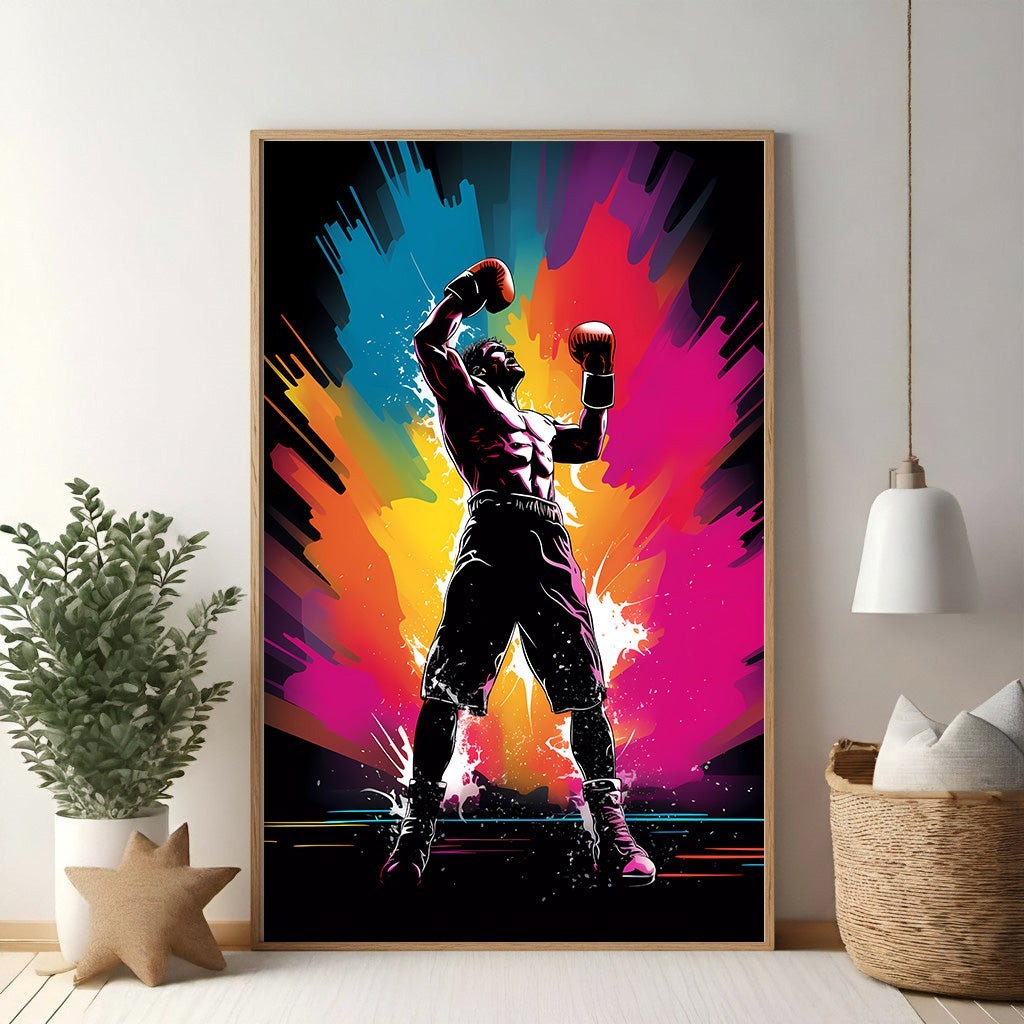 Wadi Home abstract art print of a triumphant boxer with arms raised, set against a vibrant background of blues, yellows, and pinks.