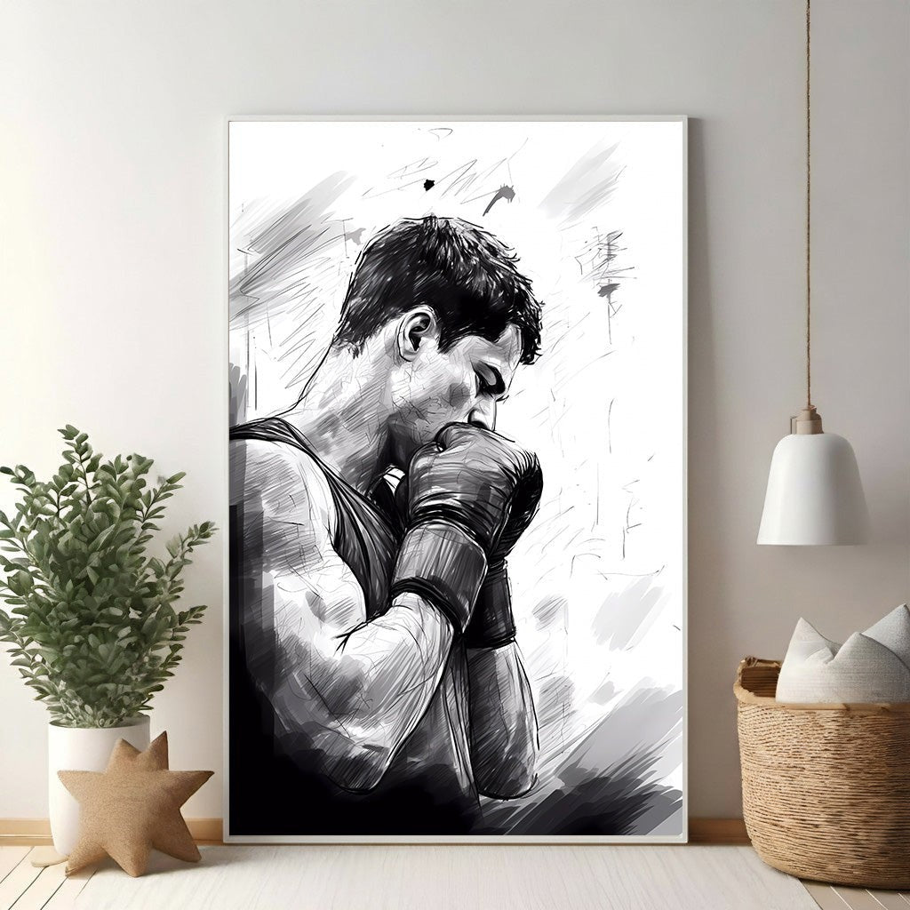 Wadi Home black and white sketch art of a boxer in contemplation, wearing boxing gloves.