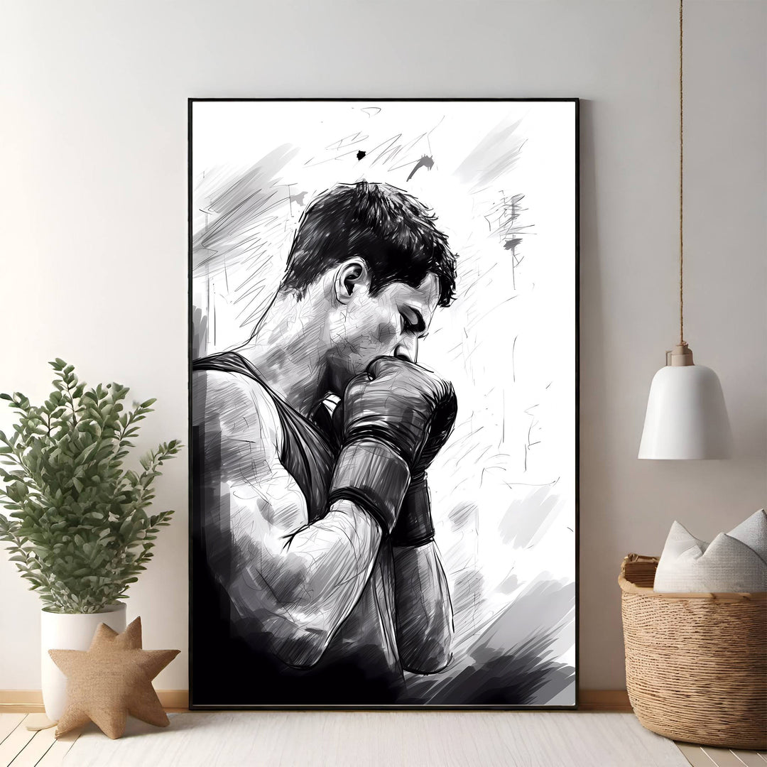 Wadi Home black and white sketch art of a boxer in contemplation, wearing boxing gloves.