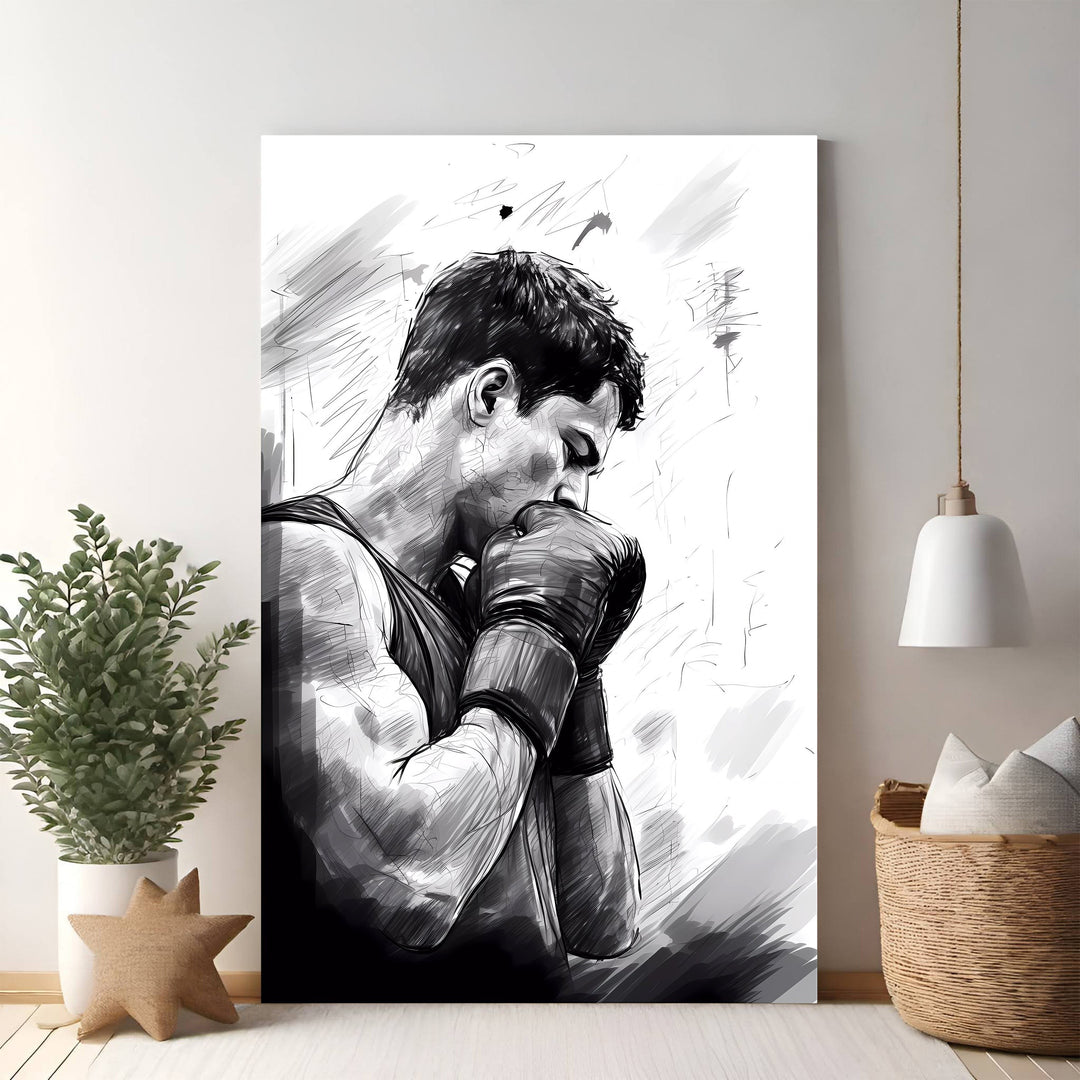 Wadi Home black and white sketch-style wall art of a boxer in contemplation, gloved hands clasped near face.