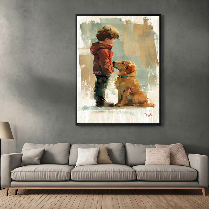 Wadi Home impressionist wall art print featuring a boy and his golden dog in a cozy living room setting.