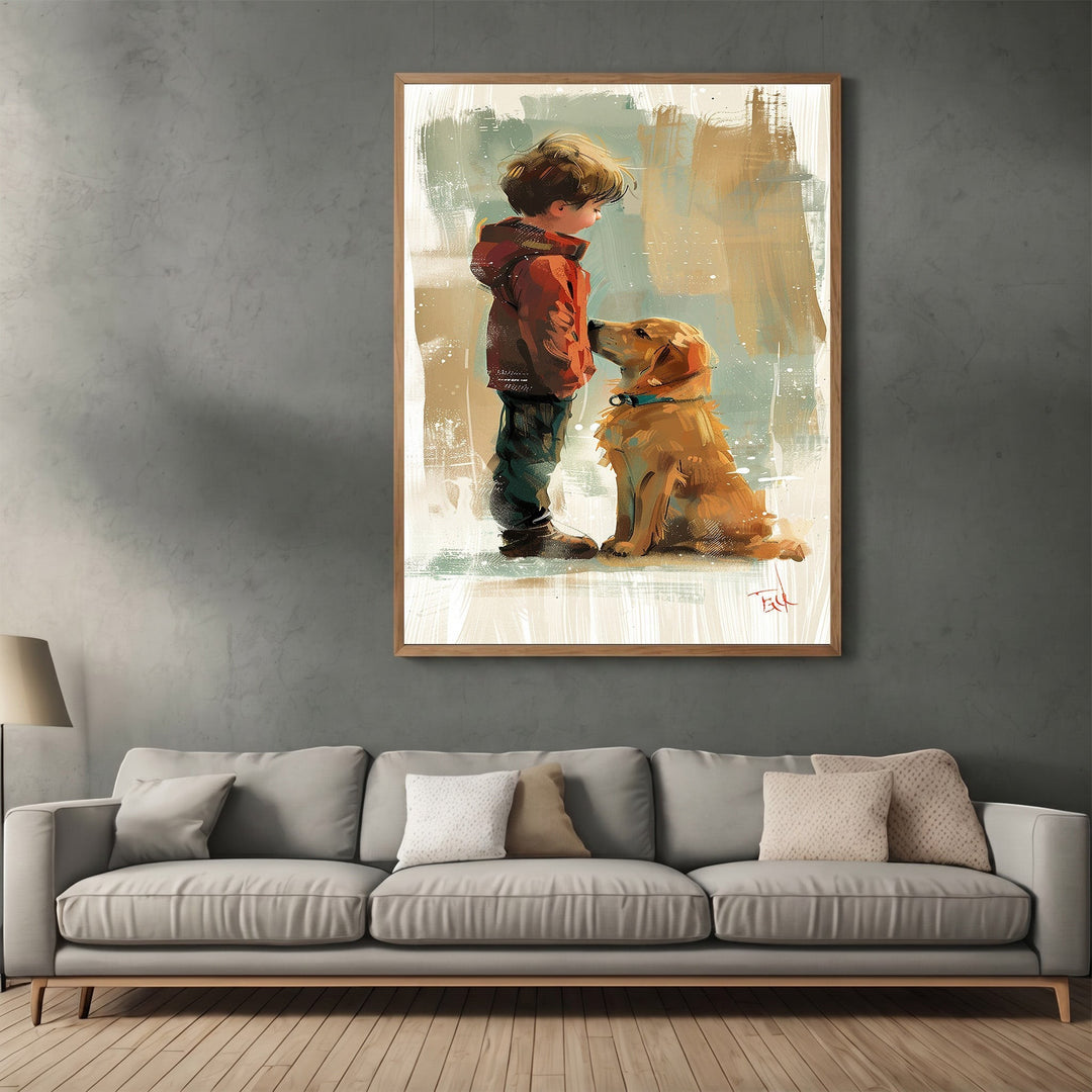 Wadi Home impressionist wall art print featuring a boy and his golden dog in a cozy living room setting.