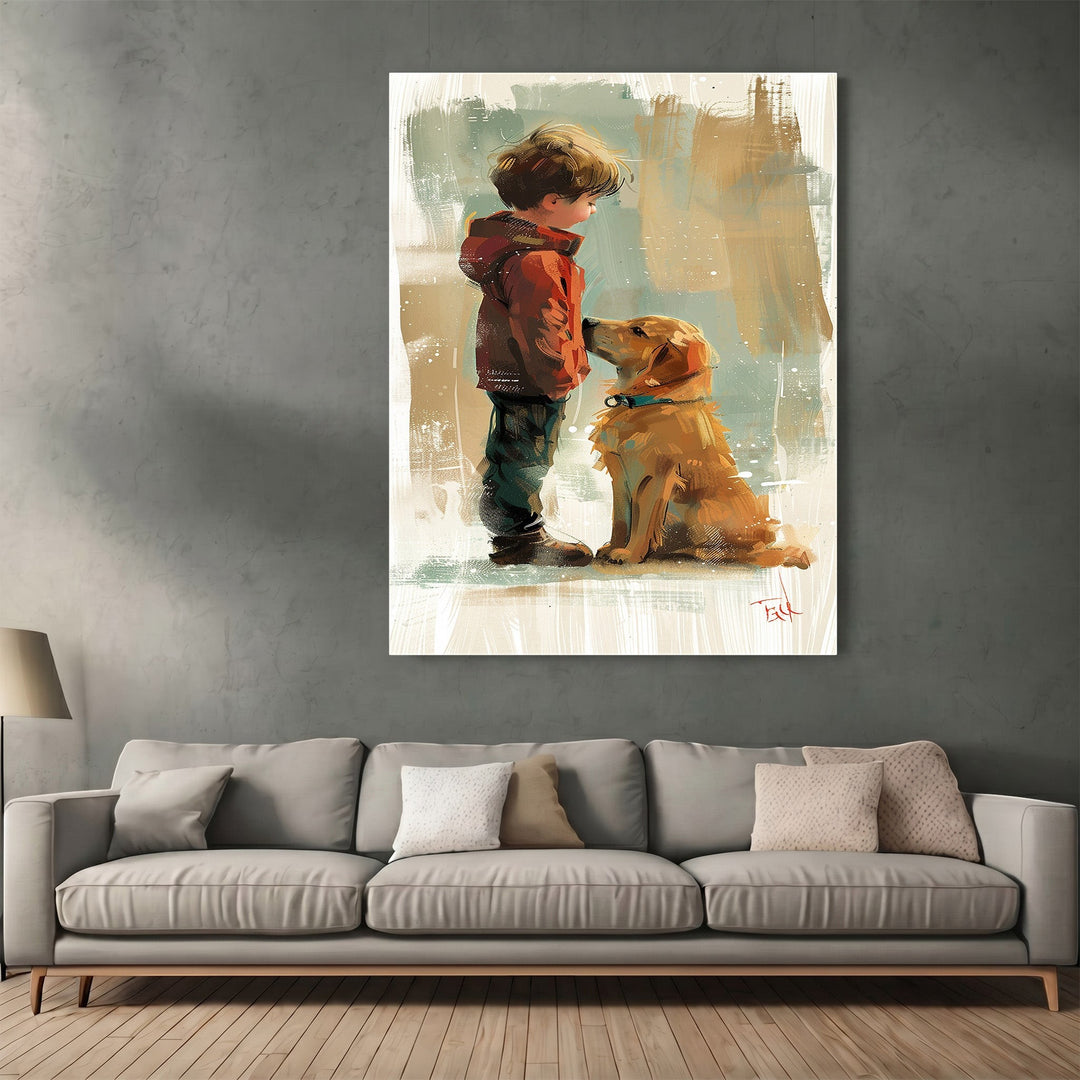 Wadi Home impressionist wall art print featuring a boy and his golden dog in a cozy living room setting.
