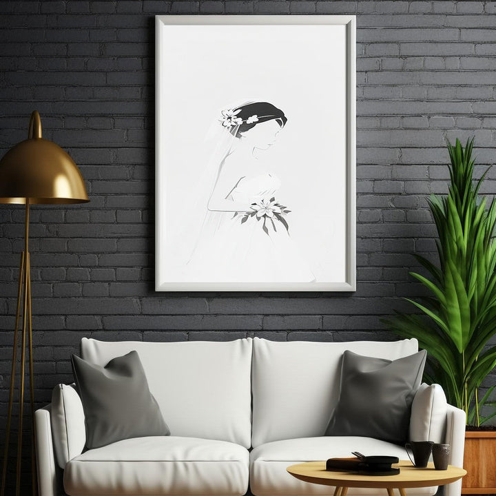 Wadi Home minimalist line art of a bride in a wedding dress holding flowers and wearing a veil.