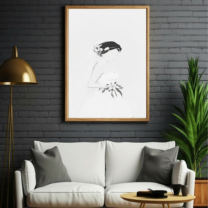 Wadi Home minimalist line art of a bride in a wedding dress holding flowers, with a veil and floral hair accessory.
