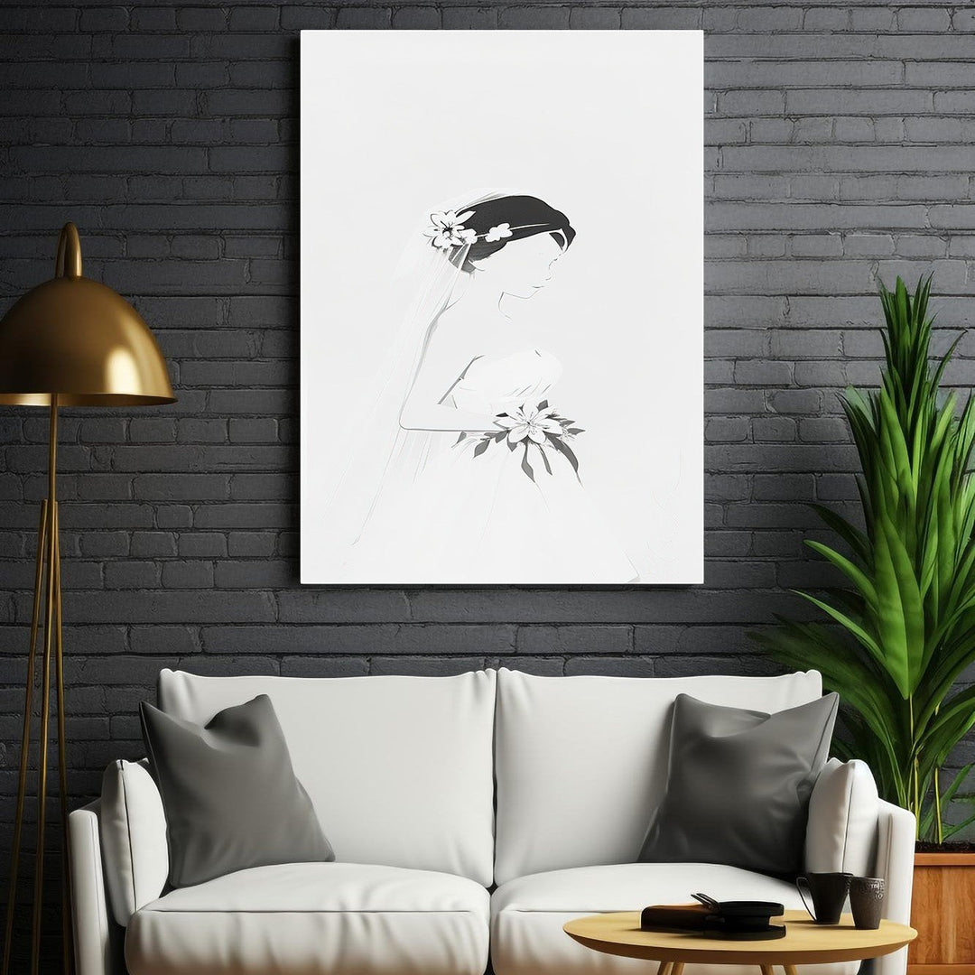 Wadi Home minimalist line art of a bride in a wedding dress holding flowers and wearing a veil.