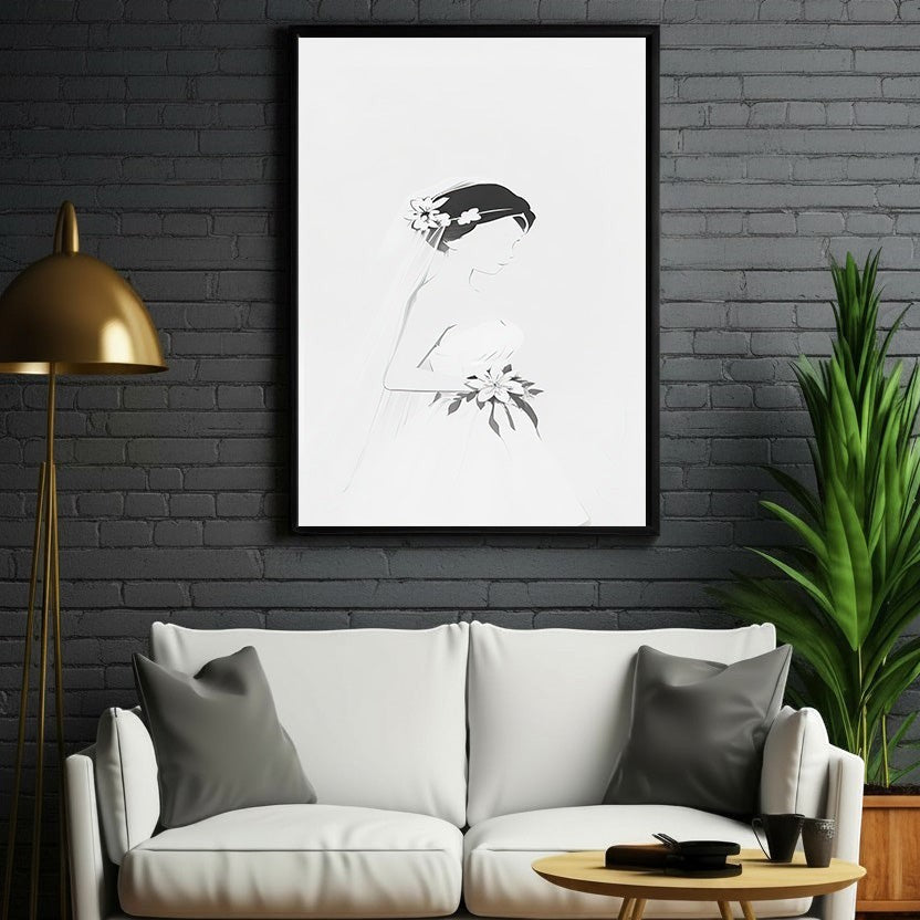 Wadi Home minimalist line art of a bride in a wedding dress holding flowers and wearing a veil.