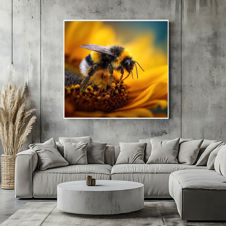 Wadi Home bumblebee on sunflower macro wall art print hanging above a modern grey sectional sofa in a living room.