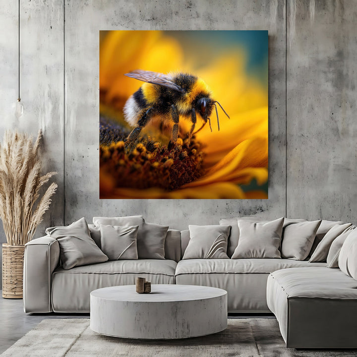 Wadi Home bumblebee on sunflower macro wall art print displayed above a modern grey sectional sofa in a living room.