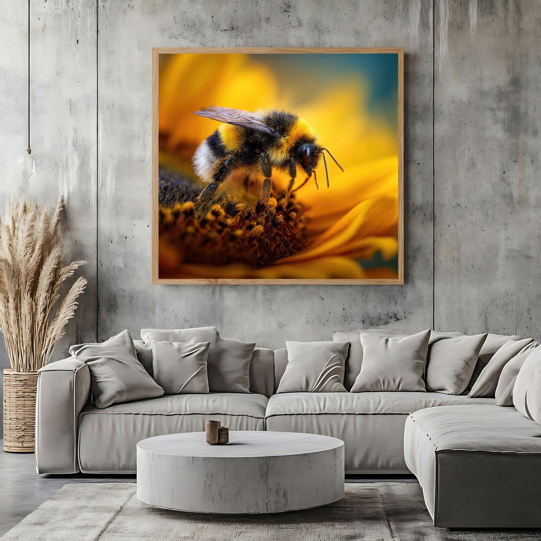 Wadi Home bumblebee on sunflower macro wall art print in a modern living room with a grey sectional sofa.