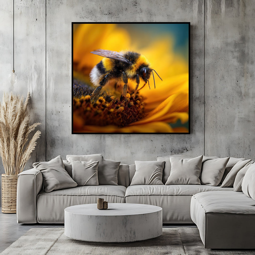 Wadi Home bumblebee on sunflower wall art print in a modern living room with a grey sectional sofa.
